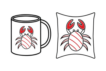 Cute Crab Mug and Pillow Design with Red and White Stripes