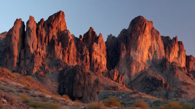 Superstition Mountains experiencing golden hour, rocky peaks shining under vivid sunset light in the Arizona desert