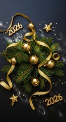 Golden New Year 2026 Celebration with Festive Ornaments and Ribbons.