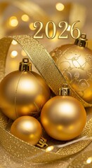 Golden New Year 2026 Celebration with Ornaments and Lights.