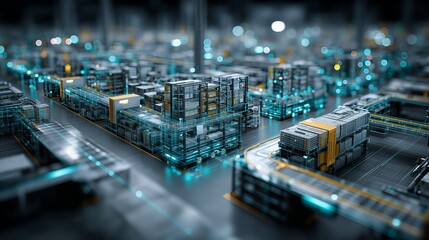 Futuristic smart factory or warehouse model: glowing digital layout resembling a circuit board, for Industry 4.0, automated logistics, or digital twin concept.