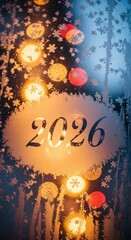 Happy New Year 2026 Celebration with Festive Lights and Decorations.
