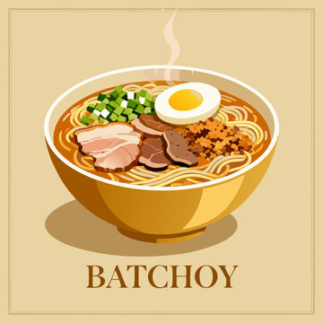 Batchoy, A delicious and steaming bowl of traditional Filipino noodle soup, a savory dish with pork slices, toppings, and a boiled egg
