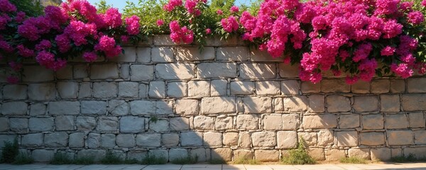 Old stone wall topped with bright pink flowers and green leaves. Sunlight casts shadows on the textured rock surface. Some small green plants grow at the base.