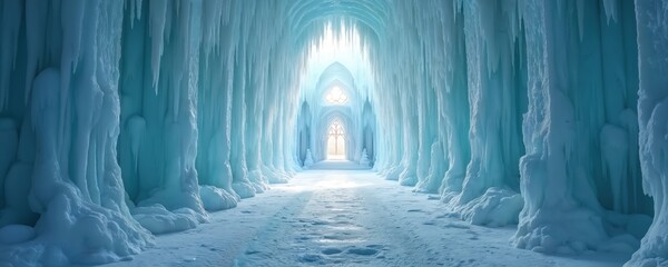 Naklejka premium Frozen castle tunnel with icy walls. Winter wonderland palace corridor with crystal decorations. Blue ice background with magical frozen architecture. Fantasy hallway with light at end. Interior