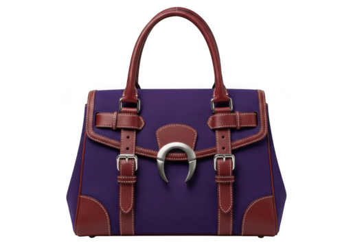 Elegant purple handbag with brown leather accents and silver buckle, isolated on transparent background