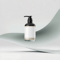 Obraz premium Clear glass bottle with black pump dispenser and blank white label on a light grey background with flowing grey paper