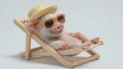 Adorable piglet relaxing on a miniature beach chair wearing a straw hat and sunglasses image