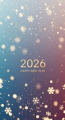Happy New Year 2026 festive background with sparkling snowflakes and bokeh lights.