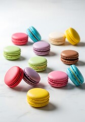 Fototapeta premium A colorful assortment of french macarons in various pastel shades arranged on a clean white surface