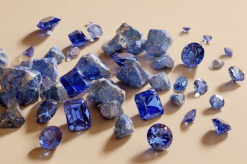 Blue gemstones scattered on a beige surface
