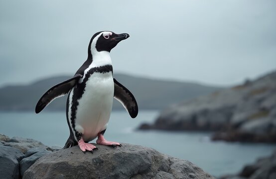 African penguin stands on rock near sea water. Black and white bird with pink feet and beak poses on shore. Chinstrap penguin looks to side with wings out. Wild animal fauna.