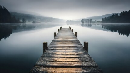 Obraz premium Wooden pier extending into a misty lake reflecting hills, concept of calm tranquility and peaceful solitude