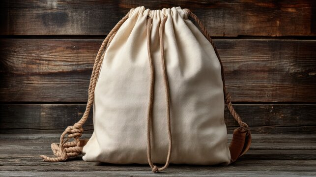 A plain cream-colored drawstring backpack rests against a rustic wooden backdrop, showcasing simple, functional design.