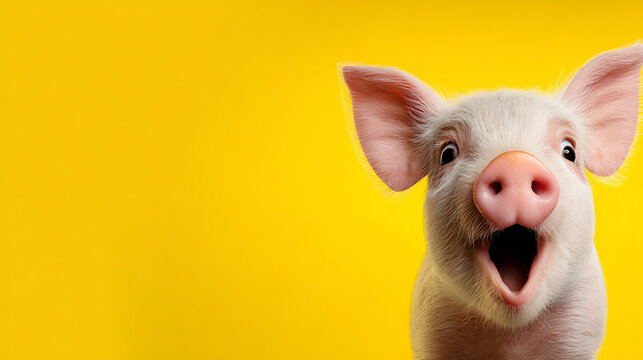 Adorable piglet with wide eyes and open mouth on a vibrant yellow background animal cute