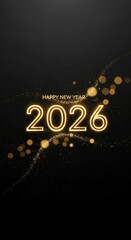 Happy New Year 2026 golden glowing text on dark background with bokeh lights.