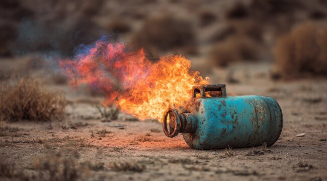 Burning propane tank in desert