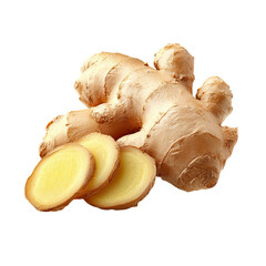 Fresh ginger root and slices PNG die-cut isolated on transparent background, organic herbal ingredient for tea, food, and natural health product, ginger root cutout for culinary and product design use