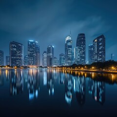 Obraz premium Tall modern skyscrapers light up night city skyline across calm water body. Cityscape reflects glowing lights on lake surface. Urban waterfront boulevard with trees and lamps.