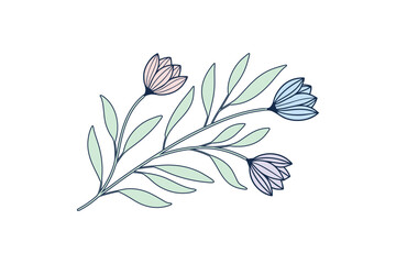 Delicate floral illustration with pastel-colored flowers and green leaves on a white background
