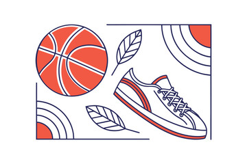 Minimalist Illustration of Basketball, Sneaker, and Leaves with Geometric Accents