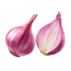 Shallot isolated PNG die-cut, fresh red onion bulb and half sliced shallot with realistic texture, natural organic cooking ingredient, Shallot for Asian cuisine, healthy food design