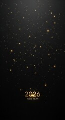 Happy New Year 2026 Golden Text on Dark Background with Falling Glitter.