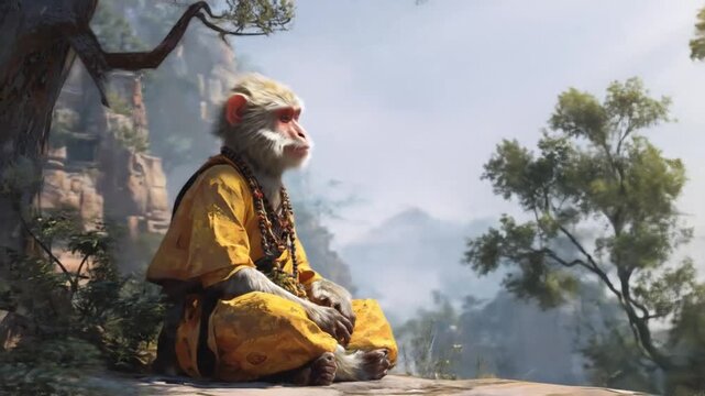 Meditating monkey in traditional attire observing landscape cinematic artwork