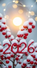 Happy New Year 2026 Red Berries Snow Winter Season Festive Lights.