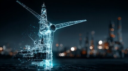 Energy transition concept: glowing digital wind turbine and offshore oil rig, symbolizing renewable energy and green technology's future.