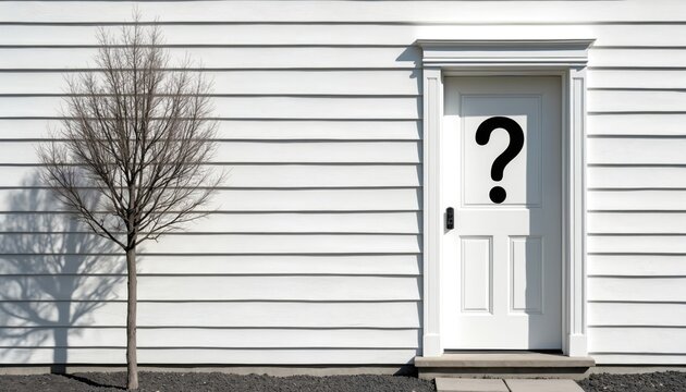 White house door with question mark graphic stands beside bare tree. Minimalist facade suggests mystery, uncertainty regarding entrance. Clean, bright exterior with bold symbol invites curious