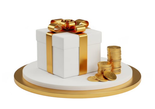 A white gift box with a gold ribbon and bow sits on a gold and white platform with stacks of gold coins isolated on transparent background