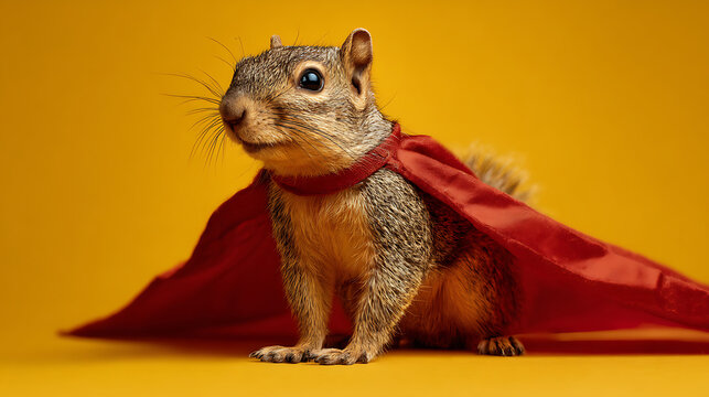 Adorable squirrel wearing a red cape studio portrait studio shot cute