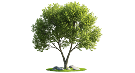 Lush green tree with rocks and grass isolated