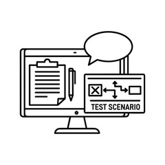 Computer screen showing test scenario with clipboard and speech bubble icons
