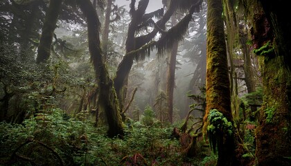 Misty Rainforest Canopy with Ancient Trees and Lush Greenery.