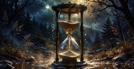 magical hourglass in a misty forest with dramatic lighting and water droplets, time concept.