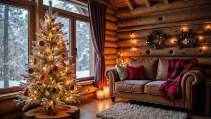 Cozy cabin interior with decorated Christmas tree, warm lighting, and festive decor creates welcoming holiday atmosphere