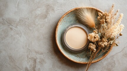 A light beige pressed powder compact sits atop a textured, teal-colored dish, surrounded by a bouquet of dried wildflowers and pampas grass, creating a serene and natural aesthetic on a light gray...