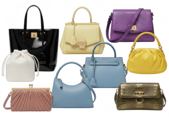 Assortment of nine fashionable womens handbags in various styles, colors, and sizes, including totes, clutches, and shoulder bags, isolated on transparent background