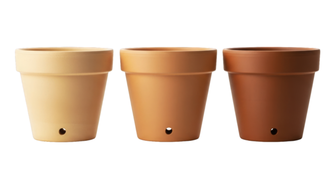 Three terracotta flower pots lined up - Powered by Adobe
