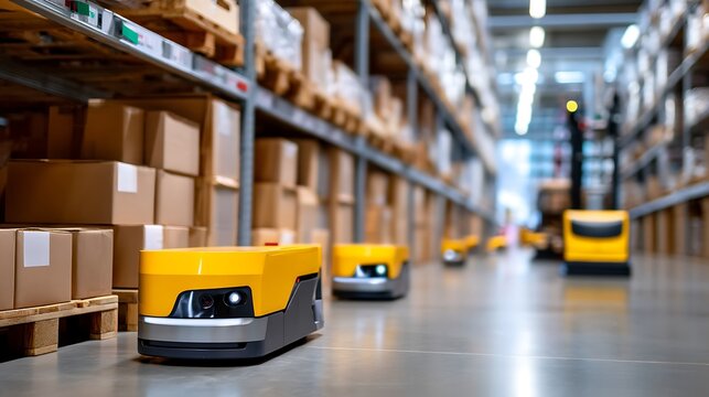 Automated Robots Transporting Packages in Modern Warehouse Environment