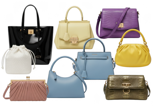 Assortment of nine fashionable womens handbags in various styles, colors, and sizes, including totes, clutches, and shoulder bags, isolated on transparent background