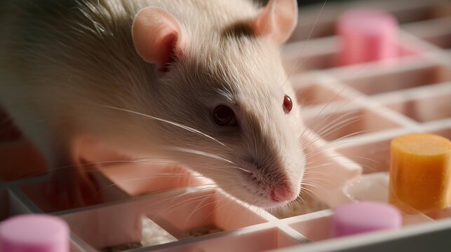 White rat explores colorful maze made of plastic in a laboratory setting