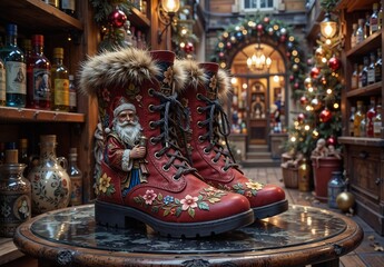 Fototapeta premium festive red leather boots with floral details and fur trim displayed in a vintage christmas market setting.