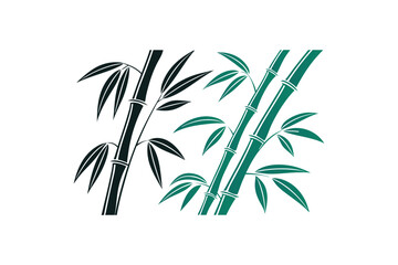 Stylized Bamboo Stalks with Leaves in Dark Green and Teal on White Background