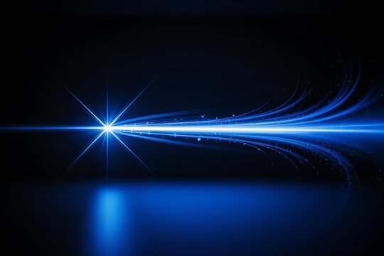 Bright blue light streaks emanating from a starburst effect across a dark background with reflection - Powered by Adobe