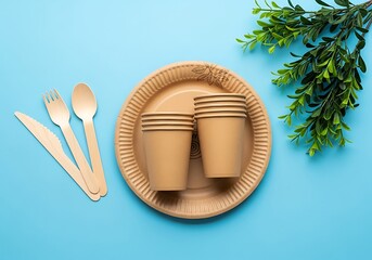 Ecofriendly disposable tableware set on blue