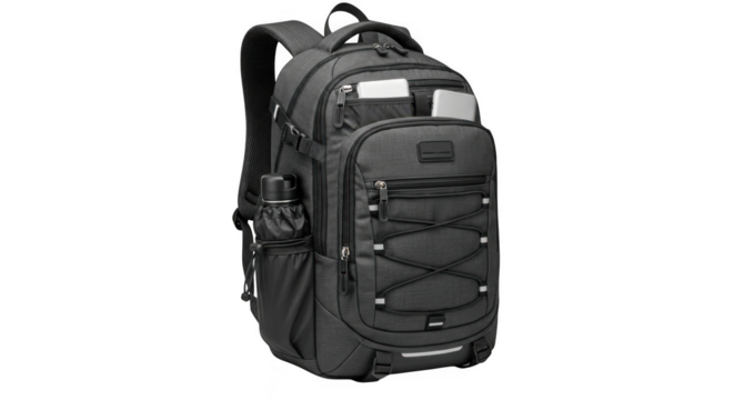 A dark gray backpack with multiple compartments and zippers, suitable for travel or school, isolated on transparent background