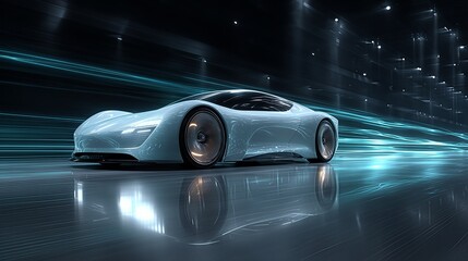Futuristic autonomous concept car speeds through blue light trails with a reflective floor. Ideal for technology, speed, or automotive backgrounds.